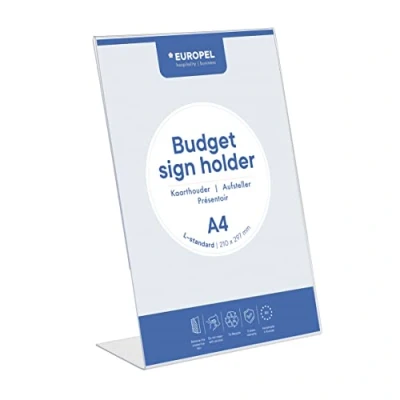 Image de Europel Budget Présentoir de table, Base L, format A5 Portrait, Polystyrène limpide 1,5 mm, affichette, pour restaurants, hôtels, conférence, réception, Autoportant et Double face Transparent