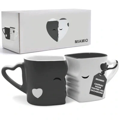 Afbeelding van MIAMIO Koffiemokken / 2 stuks kusmokken keramiek in cadeaubox (Grijs)