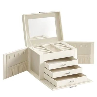 Afbeelding van SONGMICS JBC159W02 Sieradenkistje Met 4 niveaus, Accessoiredoos, Kist, Handvatten, 3 Laden, Spiegel, Slot, Sieraden Opslag voor Reizen, Wit Wolk Oppervlak, Crème Witte Voering