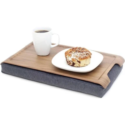 Afbeelding van Bosign Laptray Mini (licht) Antislip, schootkussen, schoottafel, laptoptafel dienblad met kussen Walnoot houten bovenblad 43 x 23 6,5 cm