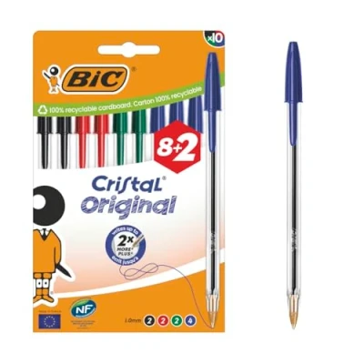 Image de BIC CRISTAL ORIGINAL Stylos Bille Pointe Moyenne (1 mm) Couleurs Assorties Boîte de 10