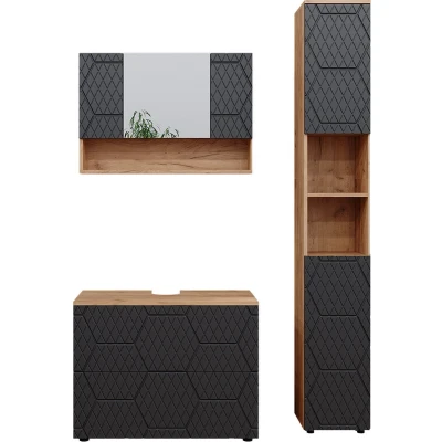 Afbeelding van Vicco Badkamermeubel set Irma, Antraciet gestreept/Krachtige eik goud, 3 stuks, met spiegelkast 80 cm