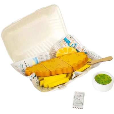 Afbeelding van Bigjigs Toys Fish &amp; Chips Lot de 26 accessoires découpe en bois avec journal interactif pour enfants à partir 12 mois