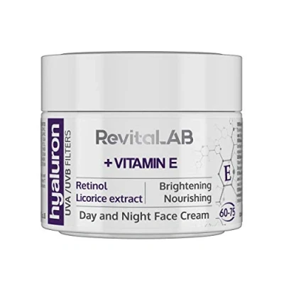 Afbeelding van RevitaLAB Hyaluron Anti aging dag en nachtcrème, verrijkt met vitamine A, E, hyaluronzuur UV stralingsfilters, voor mensen van 60 tot 75 jaar, 50 ml