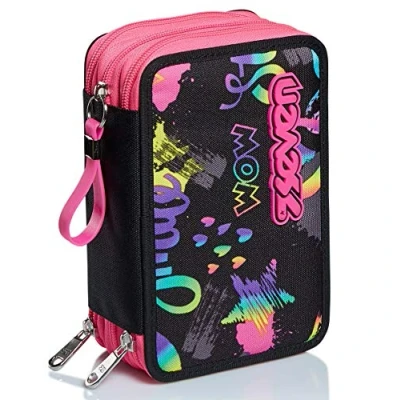 Afbeelding van Seven Schooltas met 3 ritssluiting, fuchsia, iriserend, penhouder drie vakken, accessoires pennen, potloden en kleuren, schoolaccessoires, rugzakaccessoires, school vrije tijd,,