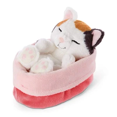 Afbeelding van NICI Sleeping Kitties knuffeldier kat, 12 cm, crème, in rood en roze mand