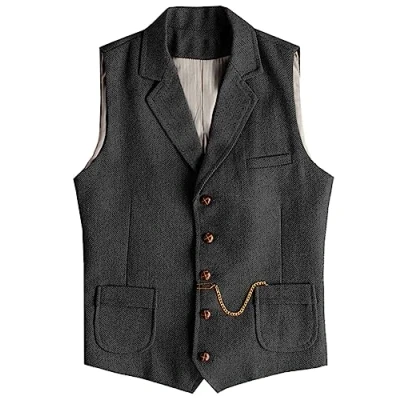 Afbeelding van Tuikayoo Western Herringbone tweed vest voor heren, slim fit, zwart, 3XL