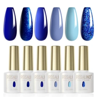 Afbeelding van Rosalind semipermanente nagellak blauw, 6 kleuren blauw waaronder lichtblauw, oceaanblauw, donkerblauw en glitterblauw, soak off gellak, uv/led, semipermanent, voor nagelstudio DIY thuis