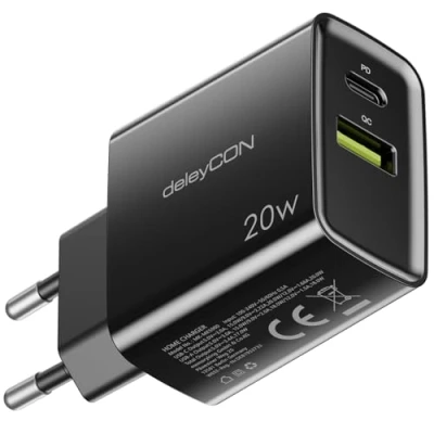 Afbeelding van deleyCON USB A en C oplader (2 poorten 20W snellader) voeding voor iPhone 15/14/13/12/11, iPad Galaxy S24/S23 Pixel, mobiele telefoon PD 3.0, zwart