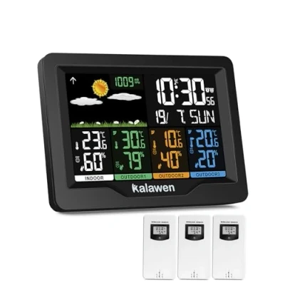 Afbeelding van Kalawen weerstation met 3 buitensensoren voor binnen en buiten, multifunctioneel draadloos weerstation, kleurendisplay, digitaal thermometer, hygrometer, DCF radioklok, thuis, kantoor, tuin
