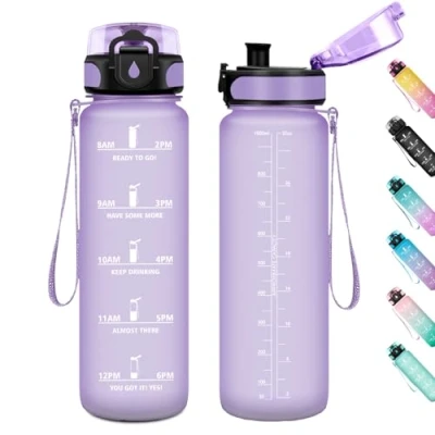 Afbeelding van Herbruikbare lekvrije sportwaterfles met tijdmarkering voor volwassenen, sportschool, camping, 1 liter