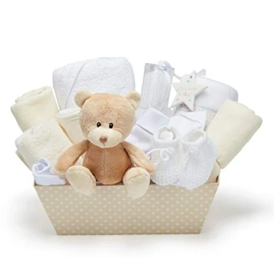 Afbeelding van Nieuwe babyset neutraal set voor baby&#039;s, jongens en meisjes, met fleece luier, handdoek capuchon, babykleding, 2 doeken van chiffon een schattige beer