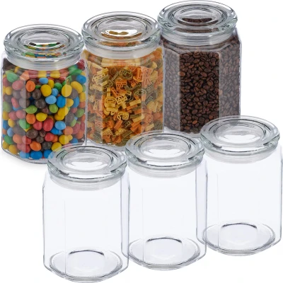 Afbeelding van Relaxdays voorraadpot met deksel 1800 ml set van 6 glas bewaarpot achthoekig