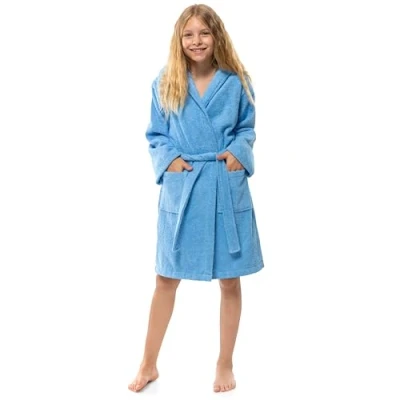 Afbeelding van Twinzen badjas voor jongeren, jongens en meisjes, met capuchon, 100% katoen, OekoTex, 11 12 jaar, blauw, badstof, ultrazacht absorberend, Blauw