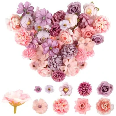 Afbeelding van 40 stuks kunstbloemkoppen, 2 5 cm, kunstbloemen, met tien stijlen, roze en paars, mini decoratie, stoffen bloemen voor doe het zelf, bruiloftsslinger, boeket