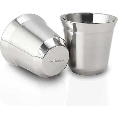 Afbeelding van Easyworkz 2 stuks espressokopjes van roestvrij staal, dubbelwandig, geïsoleerd, 75 ml, zilverkleurig