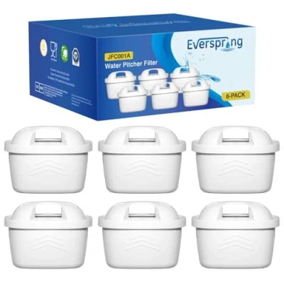 Afbeelding van EVERSPRING Set van 6 waterfilterpatronen, compatibel met Brita Maxtra+, Maxtra Pro, Marella, Style, Elemaris, 99% NSF chloorreductie gecertificeerd