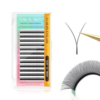 Image de NAGARAKU YY Cils 4D Forme Y Pointes Doubles Pré fanés Doux Légers Naturels Volume Russe Extension de Faux Premade Fans Bouquet Prefait Ventilateur Wispy Cluster Eyelash Noir Mat (0.07 C 9mm）