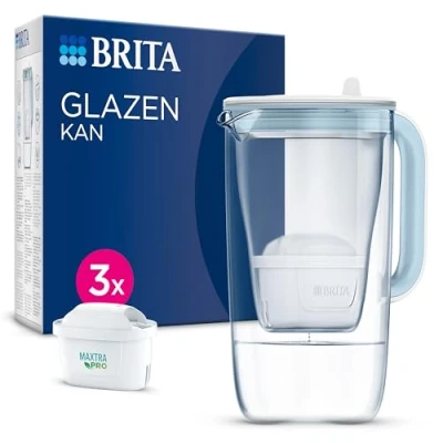 Afbeelding van BRITA Filterkaraf blauw glas (2,5 l) incl. 3 MAXTRA PRO All in 1 waterfilterpatronen, vermindert PFAS*, kalk, chloor, bepaalde onzuiverheden en metalen, indicator tijd volume