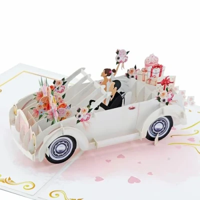 Afbeelding van Favour Pop Up® 3D bruiloftskaart motief bruiloftsauto Handgemaakt Geld cadeau voor huwelijksreis Bruiloftswenskaart