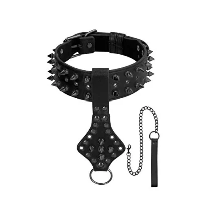 Afbeelding van Ouch! Skulls and Bones Neck Chain with Spikes Leash Blac