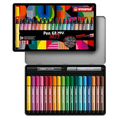 Image de STABILO Feutre dessin Pen 68 MAX Boite métal de 20 Feutres Coloriage Pointe Large, Gamme ARTY: Premium Filzstift mit dicker Keilspitze