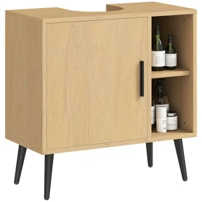 Afbeelding van HOMCOM wastafelonderkast voor badkamer, industriële met progressieve deur en verstelbare plank, 60 x 30 59,5 cm, eiken