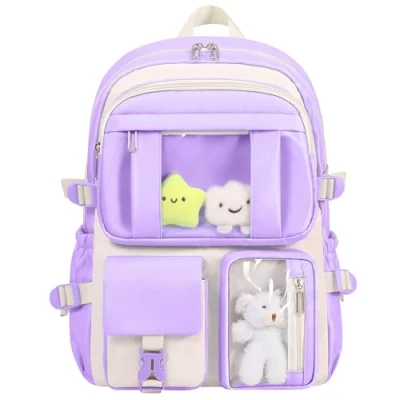 Afbeelding van HORHEAR rugzak voor meisjes, school, kawaii, middelbare basisschool, paars/beige