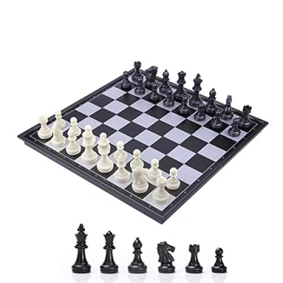 Afbeelding van KOKOSUN Schaakspel, zwart en wit, opvouwbaar magnetisch schaakbord, praktische opslag, educatief speelgoed, cadeau voor kinderen volwassenen (25 x 25 cm)