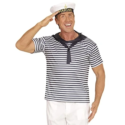 Afbeelding van Widmann Mariene kostuumset, T shirt en hoed, zeeman, kapiteins, carnaval, themafeest