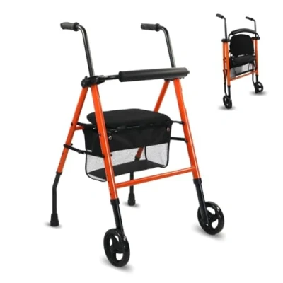 Afbeelding van Mobiclinic Nerón looprek Wandelaar met 2 Wielen voor ouderen Opvouwbaar senioren of volwassenen Staal Lichtgewicht Zitting Mandje en Kleur Oranje