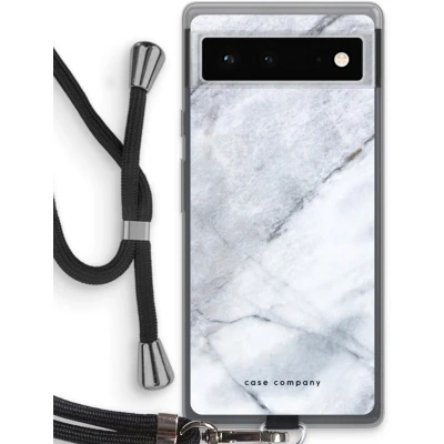 Afbeelding van Case Company® hoesje met Koord geschikt voor Google Pixel 6 Witte marmer Telefoonhoesje Zwart Bescherming aan alle Kanten en Over de Schermrand