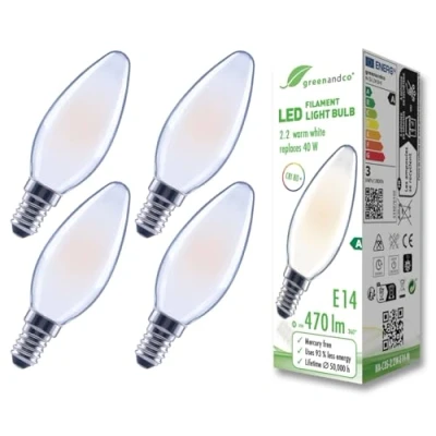 Afbeelding van greenandco 4 x matte led filamentlampen, E14 C35, 2,2 W, 470 lm, vervangt 40 2700 K, warm wit, 320 graden, 230 V, flikkervrij, energieklasse A, niet dimbaar