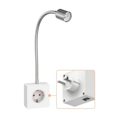 Afbeelding van ledscom.de LESCH stekkerlamp/leeslamp, zwanenhals, schakelaar, chroom/wit, 1 x GU10 max. 10 W, lampfitting, leeslamp, stekker, Gu10,