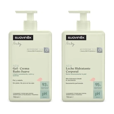 Afbeelding van Suavinex, Babyverpakking met gel: Syndet shampoo voor huid en haar, zonder zeep, 750 ml + vochtinbrengende bodylotion ml, geschikt de gevoelige pasgeboren huid, 90% tot 93%