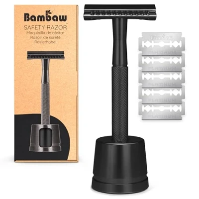 Afbeelding van Metalen Veiligheidsscheermes met Stand Zwart Nat Scheren voor Mannen &amp; Vrouwen Geschikt Alle Double Edge Mesjes Safety Razor Milieuvriendelijk Scheermes Bambaw