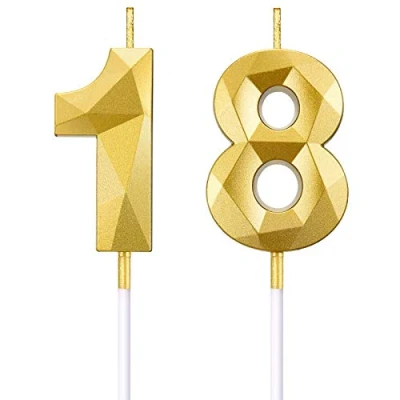 Afbeelding van BBTO kaarsen voor 18e verjaardag, 3D in diamantvorm, taartdecoratie, topper, nummer 18, bruiloft, viering, goud