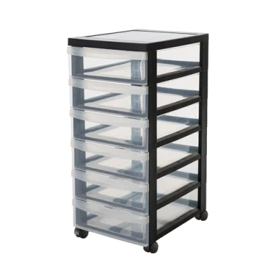 Afbeelding van IRIS Design Chest ladekast 6 ondiepe lades x 7.5L Kunststof Zwart/Transparant Met Wielen