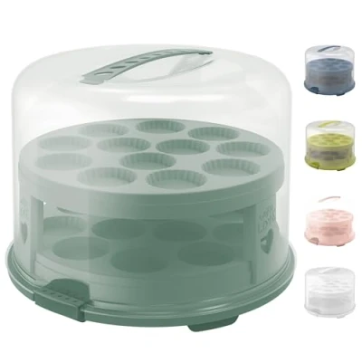 Afbeelding van Rotho Fresh Taartstolp hoog met trays, voedselveilig kunststof (PP) BPA vrij, turquoise/transparant, (35,5 x 34,5 26,0 cm)