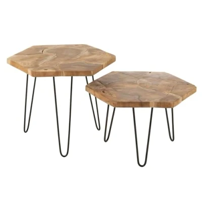 Afbeelding van J Line bijzettafel hexagon hout/metaal naturel 2 stuks