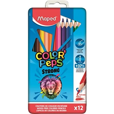 Image de Maped Crayons de Couleur Strong Color&#039;Peps 12 Coloriage Ultra résistants et Ergonomiques Boîte Métal en Résine