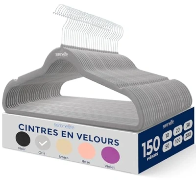 Afbeelding van SereneLife Kleerhangers, van fluweel, antislip, dun en robuust, met metalen haak, 360 graden draaibaar, belastbaar tot 4,5 kg, voor jassen, broeken jurken, 150 stuks