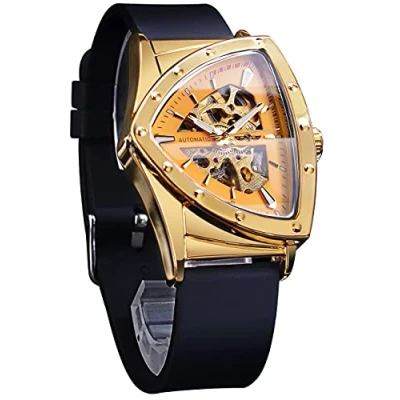 Afbeelding van Forsining Skelet herenhorloge, automatisch Mechanisch horloge met lichtgevende driehoekige wijzerplaat, handmatig opwindend, roestvrijstalen of zachte siliconen armband, Goud,