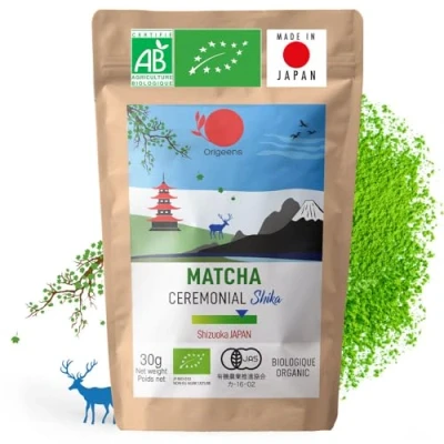 Image de ORIGEENS THE Matcha CEREMONIE Bio SHIKA Thé Japonais, origine Shizuoka Latte/Usucha Poudre de Vert Cérémonial, sachet recharge 30g