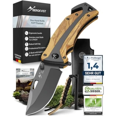 Afbeelding van BERGKVIST® K29 Titanium klapmes (eenhandsmes) mes voor outdoor, camping en survival 3 in 1 zakmes met glasbreker gordelsnijder