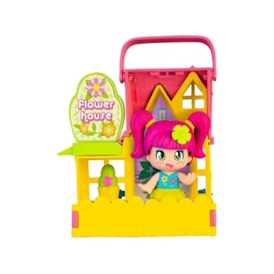 Afbeelding van Pinypon Famosa (PNY26100) Opvouwbaar bloemenhuis in geel en roze met accessoires, speeldecoraties mini pop, voor jongens meisjes vanaf 3 jaar