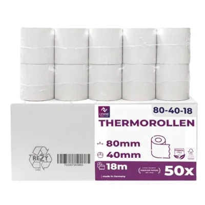 Afbeelding van 50 stuks thermische rollen 80 x 40 12 mm voor kassa met ticketprinter, thermisch papier, BPA vrij