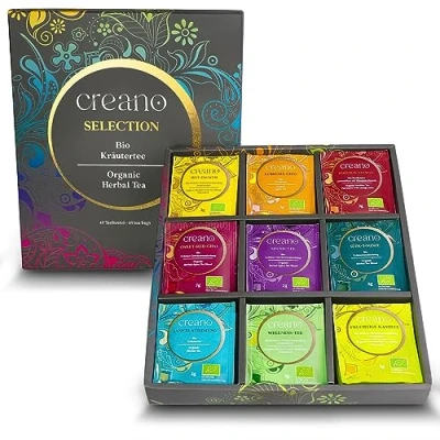 Afbeelding van Creano Organic Herbal Tea Biologische kruidentheeset met 45 zakjes in 9 verschillende soorten, grijs, 90 g