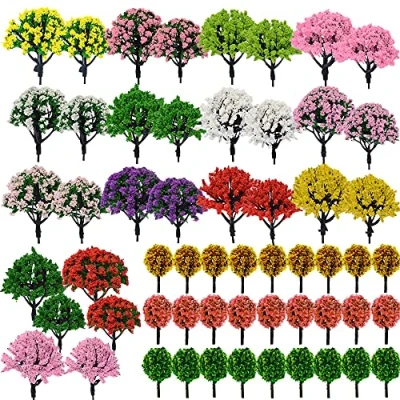 Afbeelding van Woohome 60 stuks model maken, bomen, gemengde modellen, kleurrijk, boom, trein, plastic voor DIY landschap, tuindecoratie, landschap