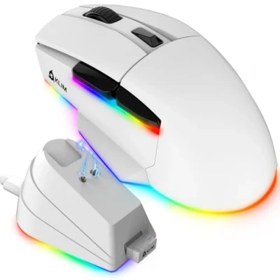 Afbeelding van KLIM Blaze X RGB + nieuw 2024 draadloze gamingmuis oplaadbaar met laadstation batterij lange levensduur tot 12.000 dpi bekabelde en muis PC, PS5, PS4, Mac wit